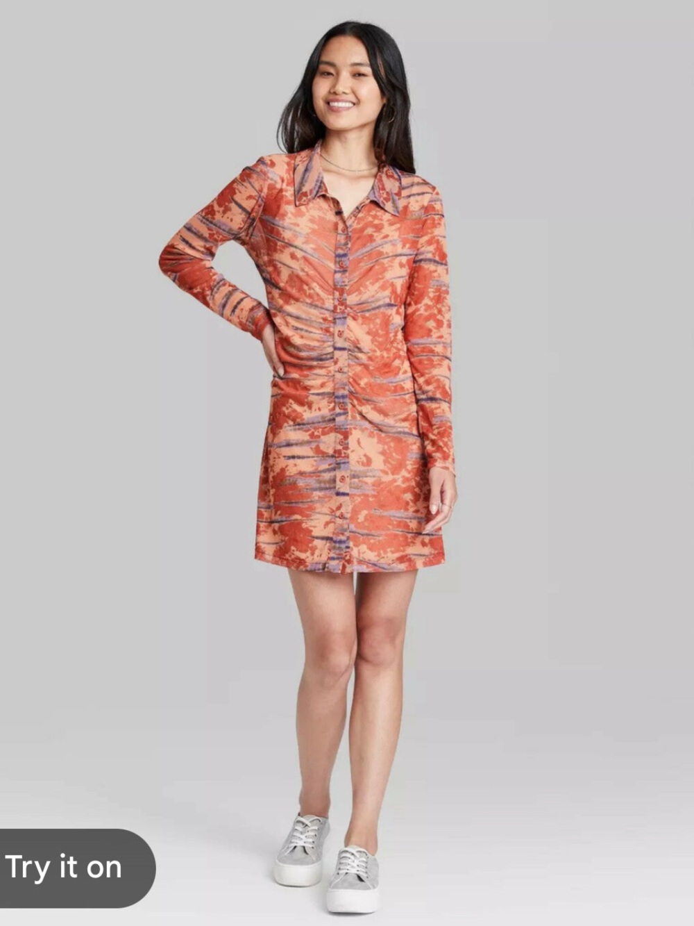 Wild Fable Long Sleeve Sheer Mesh Button Front Dress with Collar